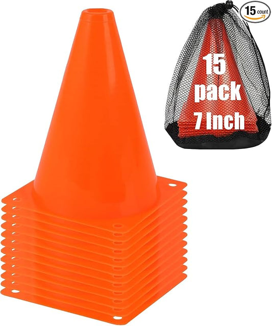 7 Inch Soccer Cones with Carry Bag,15 Pcs Sports Training Cones, Basketball Football Skating Drills Cones, Small Plastic Agility Marker Cone For Indoor and Outdoor Games,Orange Mini Traffic Cones