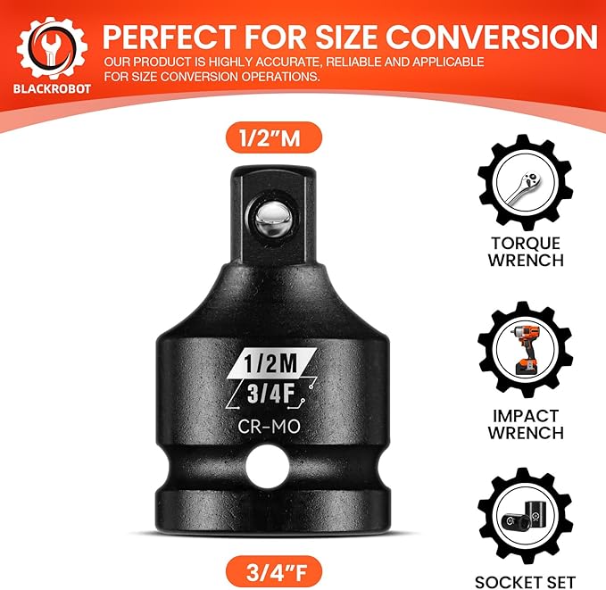 BLACKROBOT 3/4”F To 1/2”M Impact Socket Adapter, Cr-Mo Steel Exceeds ANSI Standards, Square Drive Reducer for Impact Driver Wrench