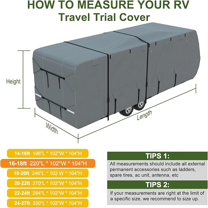 Mofeez Travel Trailer RV Cover, Extra-Thick Upgraded 7 Layers for Camper Cover 16'-18' Windproof Waterproof Rip-Stop RV Covers with Adhesive Repair Patches, 2Pcs Extra Straps & 4 Tire Covers