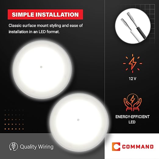 Command Electronics OEM 12V LED RV Low Profile Surface Mount Ceiling Light with Switch – Made in USA – 4.5" Diameter – 2-Pack