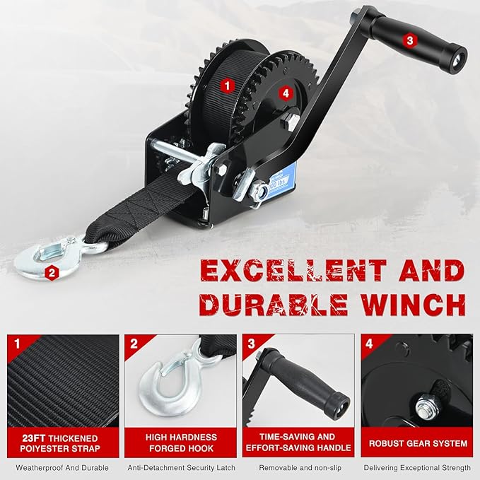 Nilight Boat Trailer Winch 2000 Lbs Hand Crank Winch Heavy Duty Boat Winches with 23Ft Strap Rope Hook 2-Way Ratchet 4:1 Gear Portable Marine Manual Winch for Trailers Boats RV ATV Jet Ski Towing