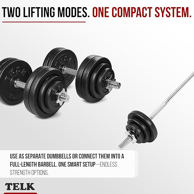 TELK – Adjustable Dumbbell Set – Home Gym Weight Set with Baked Enamel Cast Iron Plates – Space-Saving Free Weights for Strength Training
