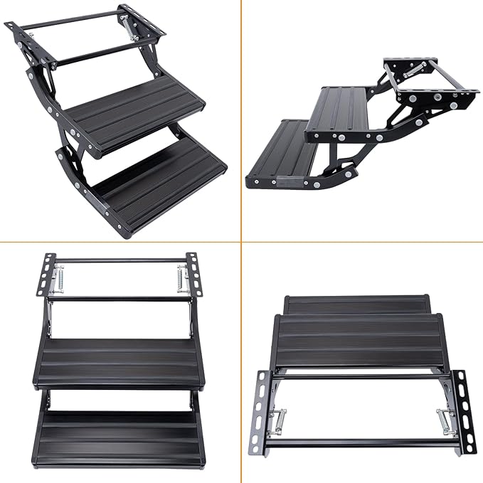 RV Steps, 2-Step, Manual Foldable RV Steps, 400 LBS Load Capacity, Retractable Aluminum Alloy Camper Steps, Thickened Steel Plate Trailer Steps, Non-Slip Design, Ideal for RV, Trailer, Camper, Black
