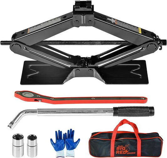 Big RED Car Jack 3Ton/6610 lbs Universal Scissor Jack with Rubber Pad, Portable Tire Changing Kit with Lug Wrench, Emergency Kit for Sedan SUV MPV
