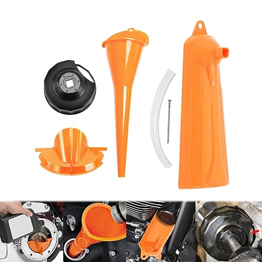 HDBUBALUS Crankcase Fill Funnel Primary Oil Fill Oil Filter Funnel Set with Oil Filter Wrench Compatible with Harley 4 Pcs Orange