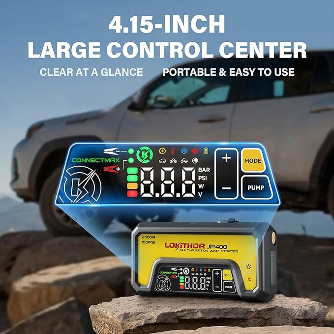 LOKITHOR JP400 Jump Starter with Air Compressor, 2500A 12V Portable Car Battery Booster Pack (8.5L Gas/6.5L Diesel) with ConnectMax Tech, 150PSI Tire Inflator, Auto-Shutoff & Dynamic Dwell (Yellow)