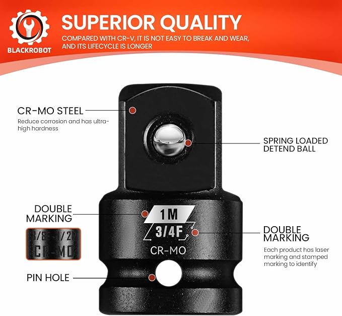 BLACKROBOT 3/4”F To 1”M Impact Socket Adapter, Cr-Mo Steel Exceeds ANSI Standards, Square Drive Reducer for Impact Driver Wrench