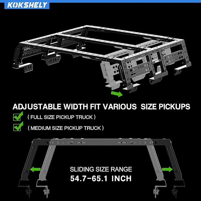 Overland Track Bed Rack for Full-Size & Mid-Size Trucks/Adjustable Truck Cargo Carrier/Tacoma Bed Rack, Fit for Tundra, Ram 1500 & HD, F-Series, Ranger, Silverado, Titan & XD,Gladiator