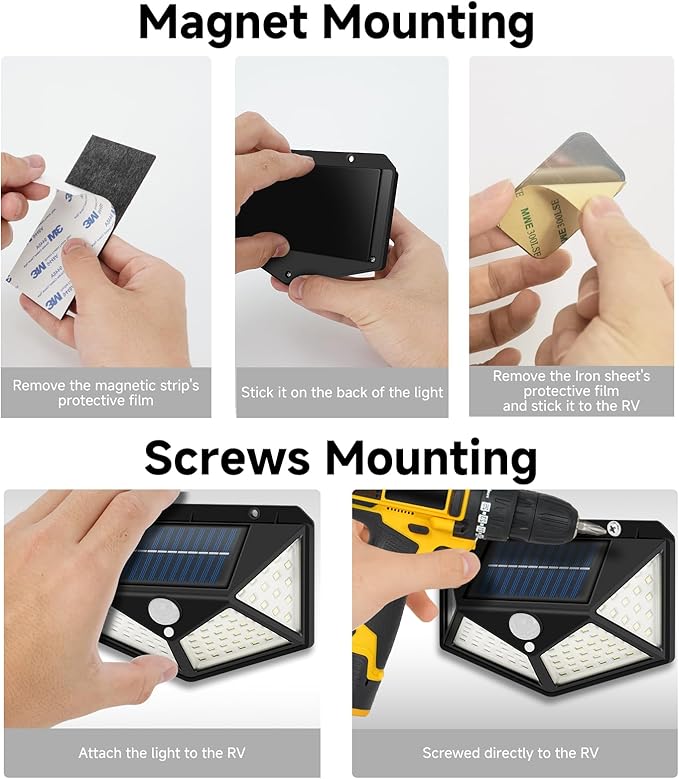 RV Magnetic Motion Sensor Light, Solar RV Porch Light, Exterior RV Lighting, Camper Lights Outdoor, Awning Lights for Trailer, 5th Wheels, 100LED, 2 Pack