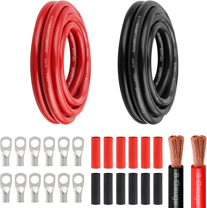 8 Awg Battery Power Cable -5FT Red + 5FT Black 8 Gauge Flexible Welding Cable OFC Copper Wire with Lugs Terminal Connectors and Heat Shrink Tube for Automotive, Battery, Inverter,Boat and Generator