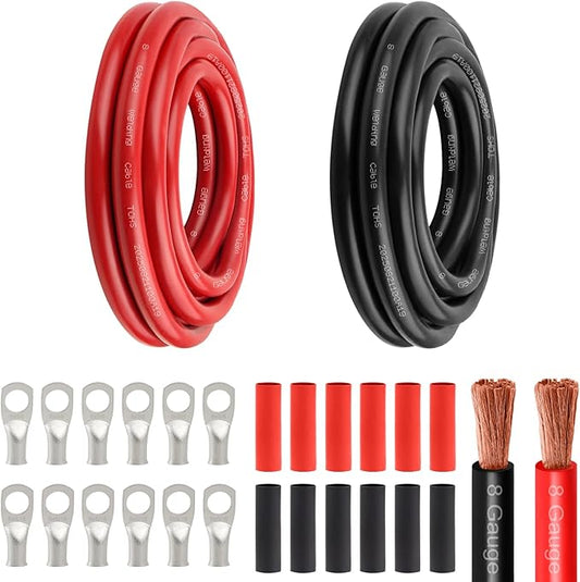8 Awg Battery Power Cable -5FT Red + 5FT Black 8 Gauge Flexible Welding Cable OFC Copper Wire with Lugs Terminal Connectors and Heat Shrink Tube for Automotive, Battery, Inverter,Boat and Generator