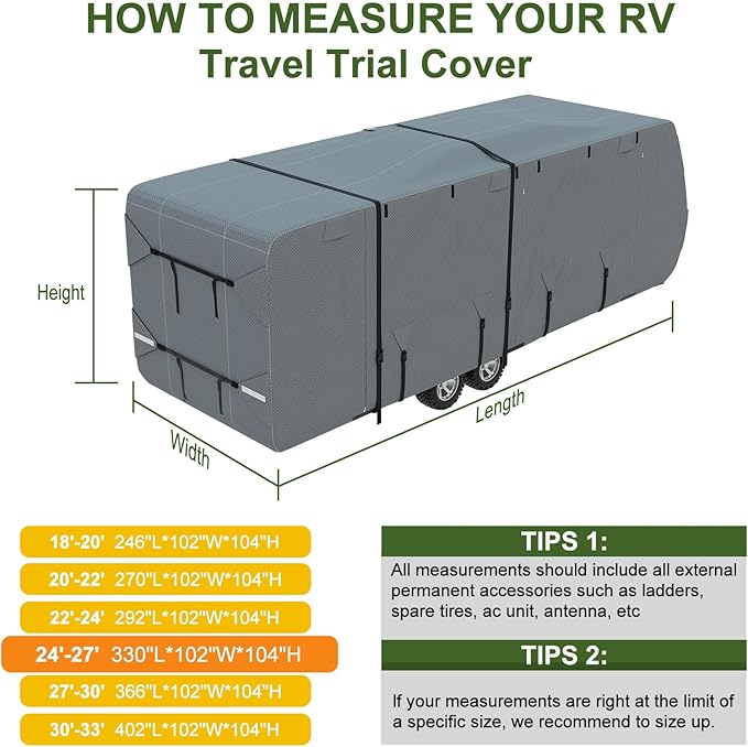 Mofeez Travel Trailer RV Cover, Extra-Thick Upgraded 7 Layers for Camper Cover 24'-27' Windproof Waterproof Rip-Stop RV Covers with Adhesive Repair Patches, 2Pcs Extra Straps & 4 Tire Covers