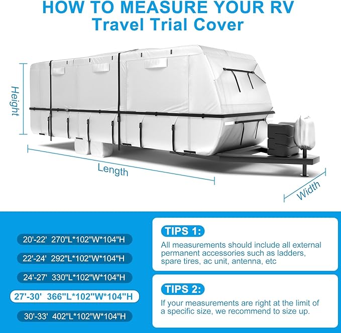 Mofeez Oxford Fabric Travel Trailer RV Cover, Camper Cover with 420D Oxford for The Top, 27'-30' Tearproof Waterproof Windproof Travel Trailer Cover with 4 Tire Covers, Jack Cover and Zippered Doors