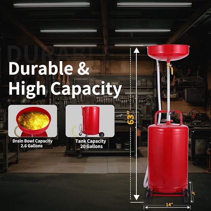 XtremepowerUS 20 Gallon Portable Waste Oil Drain Tank Air Operated Drainage Adjustable Funnel Height with Wheel, Red