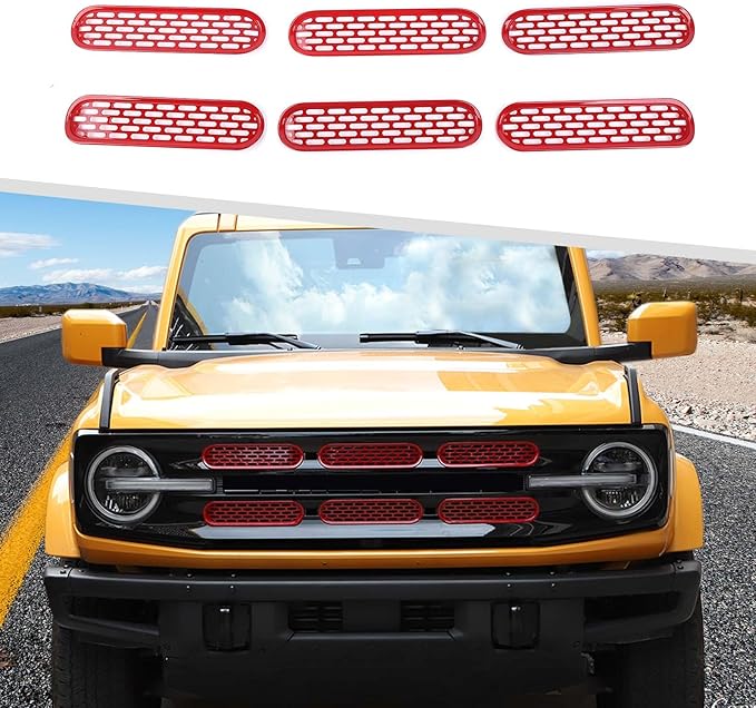 Jimen Compatible with Ford Bronco 2021-2023, 6PCS Front Grille Inserts Mesh Grill Cover Exterior Trim Accessories (Red)