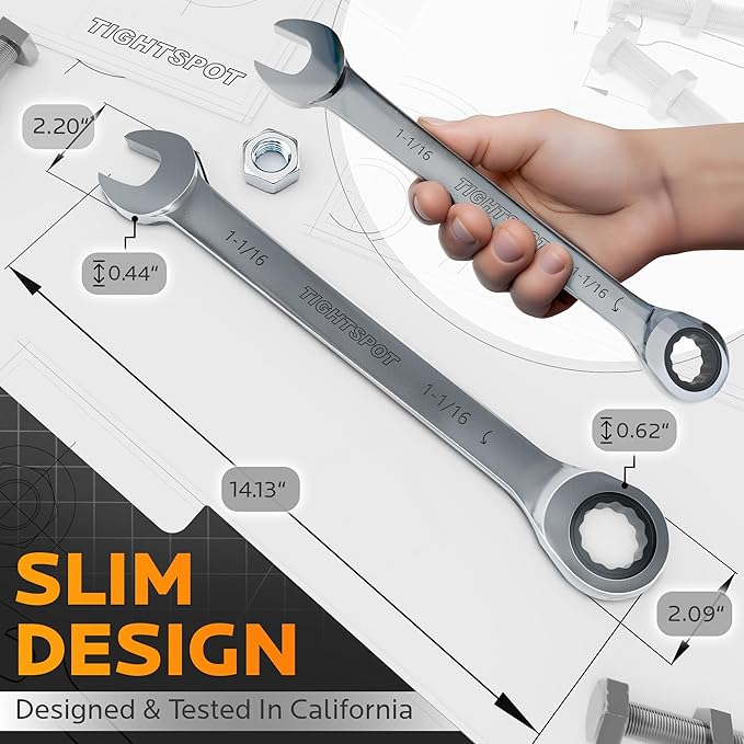 TIGHTSPOT 1-1/16 Inch Ratchet Combination Wrench with Precision Movement and Hardened, Polished Steel for Projects with SAE Tight Spaces