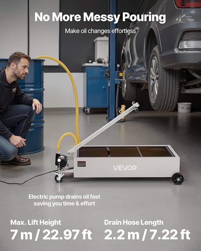 VEVOR Low Profile Oil Drain Pan, 20 Gallon Capacity, Rolling Oil Drain Pan with Electric Pump, 7.2 ft Hose & T Folding Handle, Leak-proof & Corrosion-resistant, Fit for Cars, SUVs, Trucks, ATVs, White