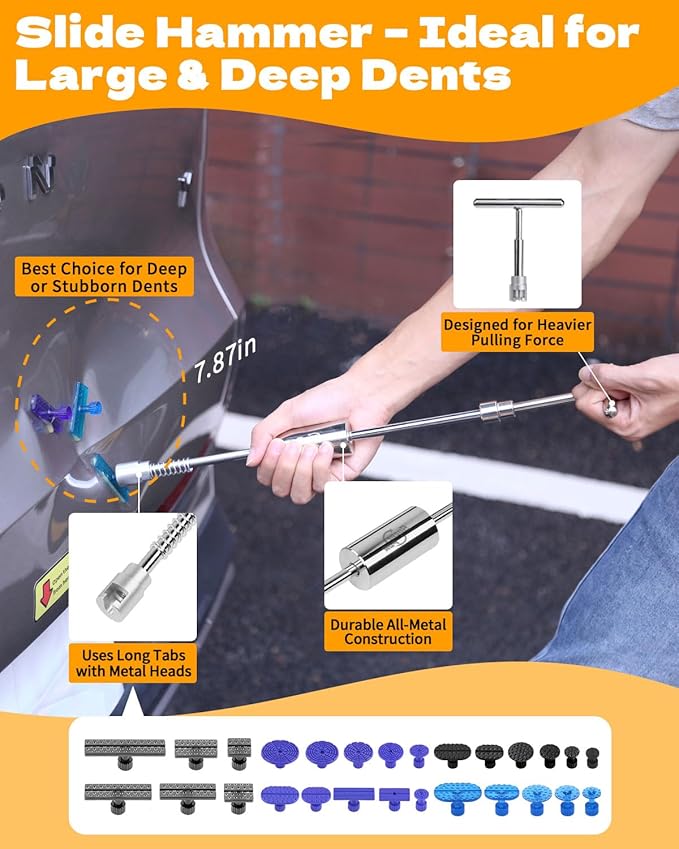 Super PDR Paintless Dent Repair Kit – Complete Car Dent Puller Tool Set with Slide Hammer, T-Bar, Bridge Puller & Lifter – Fix Auto Body Hail Damage, Door Dings, and Car Panel Dents