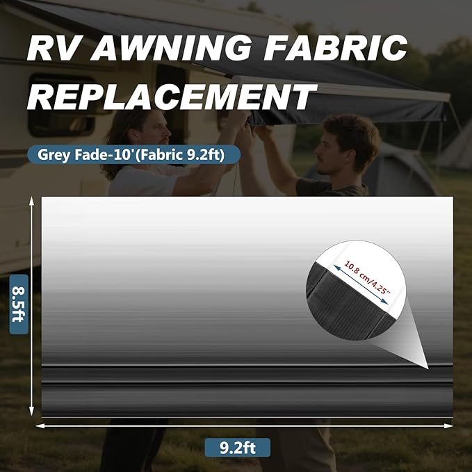 10FT RV Awning Fabric Replacement, Heavy Duty 4-PLY Camper Awning Replace, Universal Outdoor Canopy for Camper, Trailer, Motorhome Awnings for All Awning Brands, Black Fade (Fabric 9' 2")