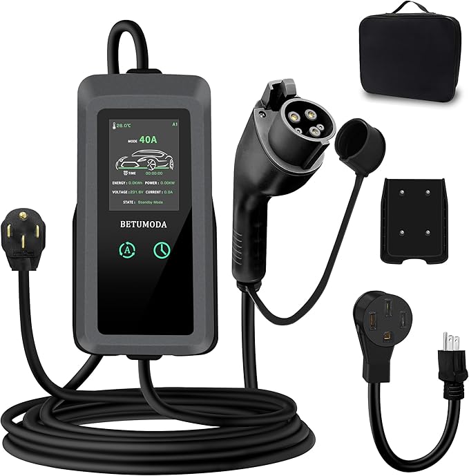 Portable Level 1&2 EV Charger, 40 A, Portable Charger for Home and J1772, 25ft Cable, Charging Stations with LED Display, NEMA14-50 Plugand NEMA 5-15 Adapter, Current Adjustable. (Tesla Need Adapter)
