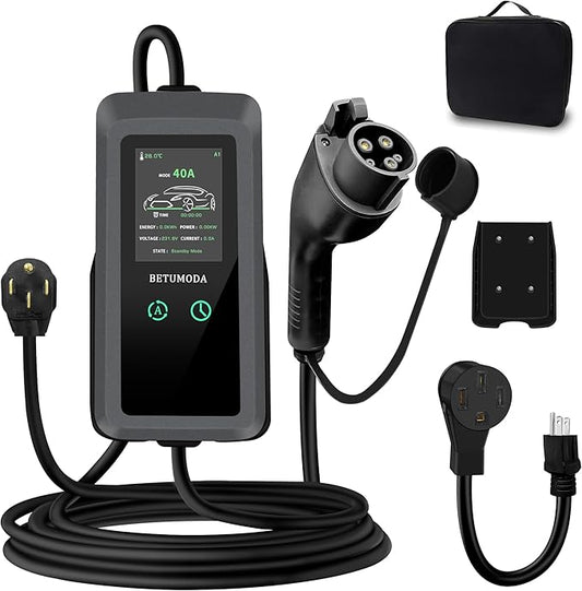 Portable Level 1&2 EV Charger, 40 A, Portable Charger for Home and J1772, 25ft Cable, Charging Stations with LED Display, NEMA14-50 Plugand NEMA 5-15 Adapter, Current Adjustable. (Tesla Need Adapter)