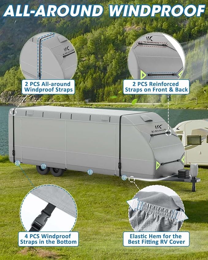 K-Musculo RV Cover, 27-30 FT Heavy Duty Travel Trailer Cover with 8 Layers Corner, Windproof and Waterproof Camper Cover with 4 Tire Cover & Tongue Jack Cover
