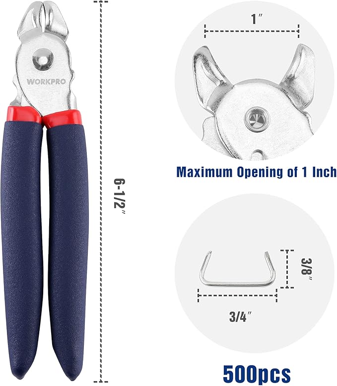 WORKPRO Hog Ring Pliers with 500 Pcs 3/4" Hog Rings, Galvanized Steel Hog Rings Perfect for Furniture Upholstery, Auto Upholstery, Plastic Meat & Sausage Casings