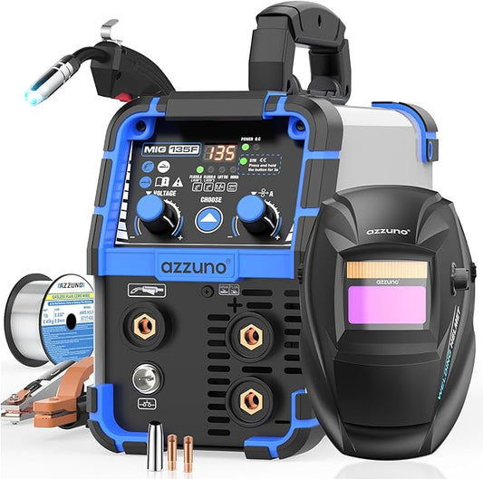 AZZUNO MIG Welder 135A 110V, 3 in 1 Flux Core Gasless MIG Welder/Lift TIG/Stick Welding Machine, Portable Wire Feed Welder Machine with Auto Darkening Welding Helmet
