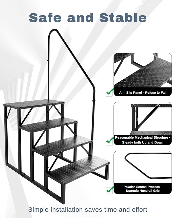 RV Steps with Handrail｜4 Step Hot Tub Spa Steps｜Update 3.0 Outdoor RV Stairs with Anti-Slip Pedals｜RV Ladders for Travel Trailers｜Heavy Duty Camper Steps for Camper, Porch, Spa
