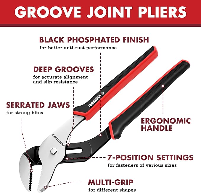 ARROW 12-Inch Groove Joint Pliers, Adjustable Water Pump Pliers with TPR Handle, High Carbon Steel Tongue and Groove Plier for Plumbing, Automotive and Household Repairs