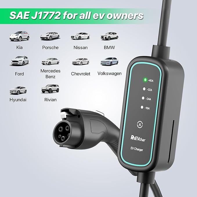 40A Level 2 EV Charger Portable J1772 Adjustable Amps 240V Mobile Electric Car Chargers with NEMA 14-50 Plug, 25FT Cable, Wall Mount Holster, Travel Storage Bag Included