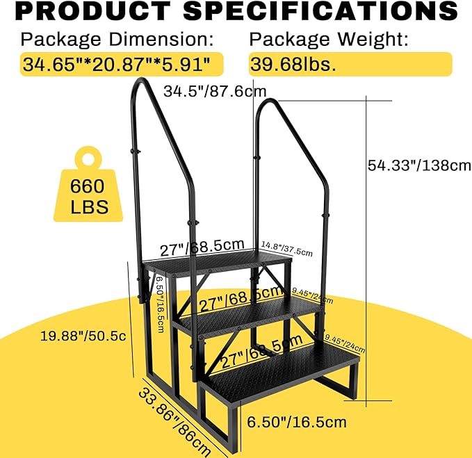 RV Steps with 2 Handrails, Hot Tub Steps Outdoor, 3 Step Ladder Stool, RV Stairs with Anti-Slip Panel, Camper Steps for Spa, Travel Trailers, Pool and Porch