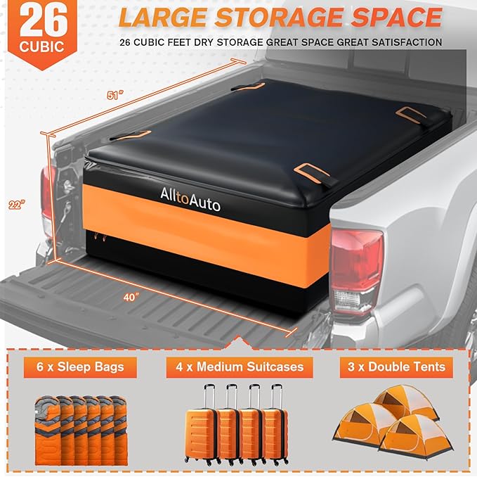 Truck Bed Cargo Bag, 26 Cubic Feet (51''x40''x22''), 100% Waterproof Heavy Duty PVC, Fits Any Truck Size, Simple and Convenient for Installation
