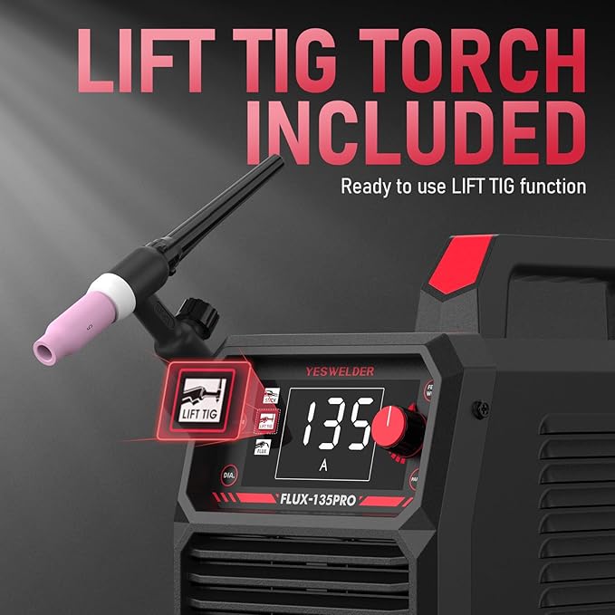 YESWELDER FLUX-135PRO Flux Core MIG Welder & Lift TIG Torch, 135Amp 110V Flux Core Gasless MIG/Lift TIG/Stick 3-in-1 Digital Display Welding Machine with 10-25 Lift TIG Gun