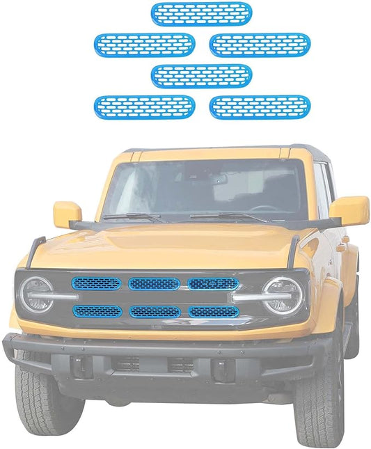 Jimen Compatible with Ford Bronco 2021-2023, 6PCS Front Grille Inserts Mesh Grill Cover Exterior Trim Accessories (Light Blue)