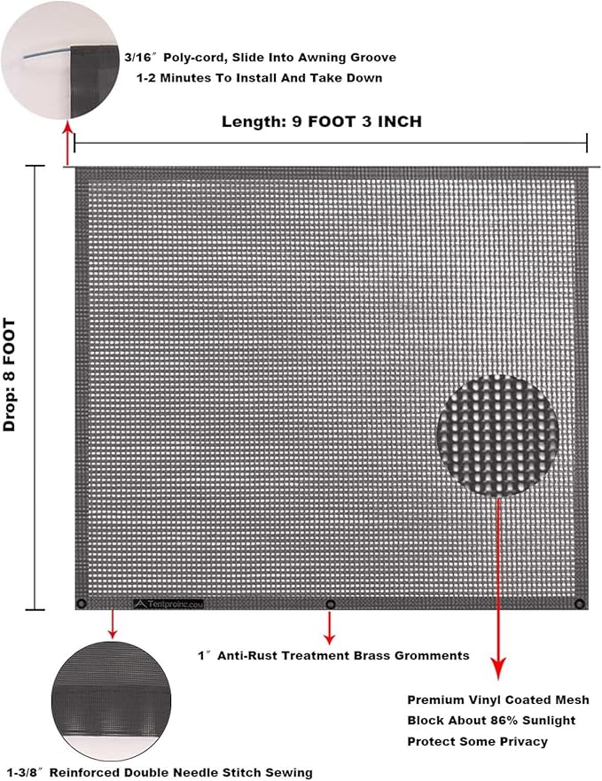 Tentproinc RV Awning Sun Shade Screen 8' X 10' 3'' (fit for 11' Awning) Mesh Sunshade UV Blocker Complete Kits Motorhome Camping Trailer Awning Screenshade - 3 Year Warranty (Brown)