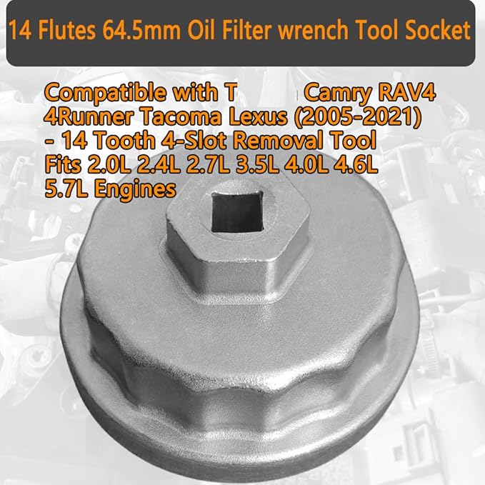 64.5mm Oil Filter Wrench Tool Socket for Camry RAV4 4Runner Tacoma Lexus (2005-2021) - 14 Tooth 4-Slot Removal Tool Fits 2.0L 2.4L 2.7L 3.5L 4.0L 4.6L 5.7L Engines