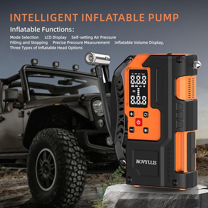 Jump Starter with Air Compressor 4000A Portable Battery Pack 10000mAh Power Bank Emergency SOS LED Light 22-Cylinder 150PSI Cordless AutoShutoff Tire Inflator Window Breaker