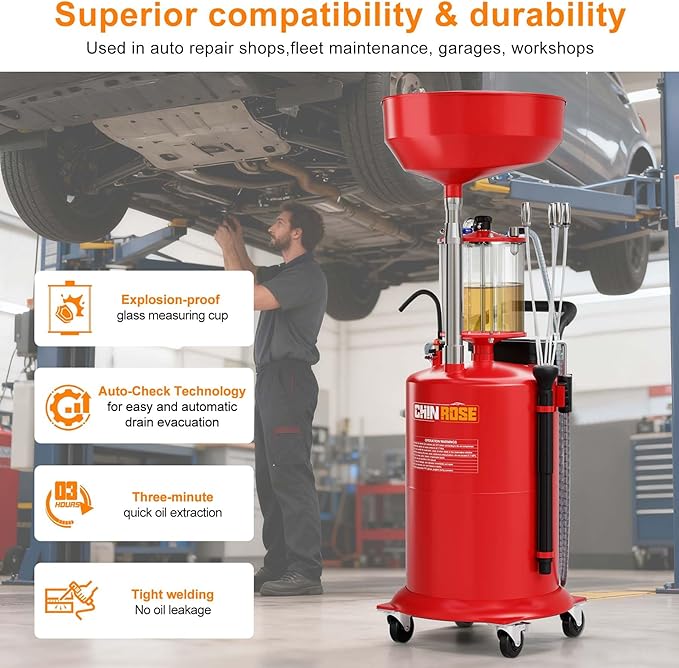 Industrial Fluid Drain Tank, Oil Drain Extractor, Portable Pneumatic Waste Oil Drain with Wheels (Red 5701)