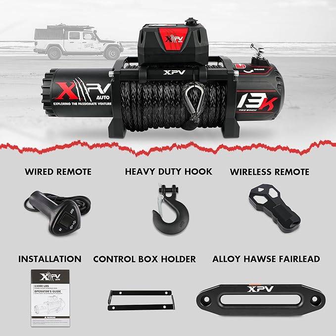 13000lb. Winch Synthetic Rope Electric Truck Winch Waterproof with Wireless Remotes for 4WD 4x4 Off Road Vehicle Truck, Black丨Dark Knight Series