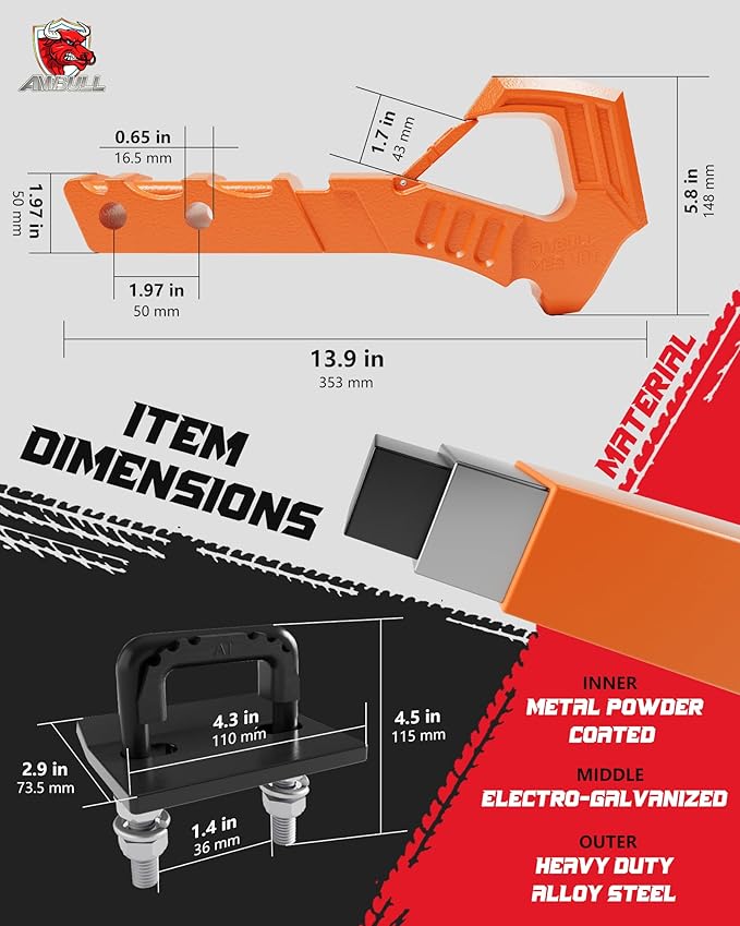 Tow Hitch Receiver Hook With Tightener, 2 Inch Truck Receiver, Drop Forged Steel Trailer Hitch 88000 Lbs Break Strength, Scorpion Tail Tow Hook for Trucks, Orange