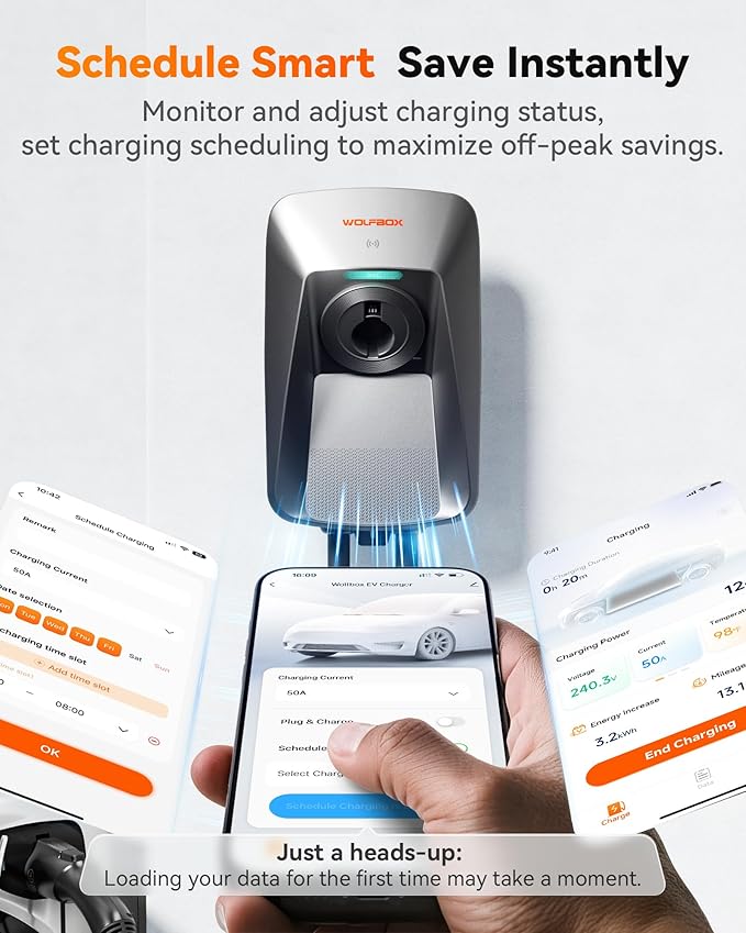 WOLFBOX Level 2 EV Charger 50 Amp J1772,Hardwired EV Charger Level 2 with NEMA 14-50 Plug 25ft Cable,Indoor/Outdoor,Smart APP&RFID Card Control,240V Electric Car Charger for Electric Automobile(WE50)