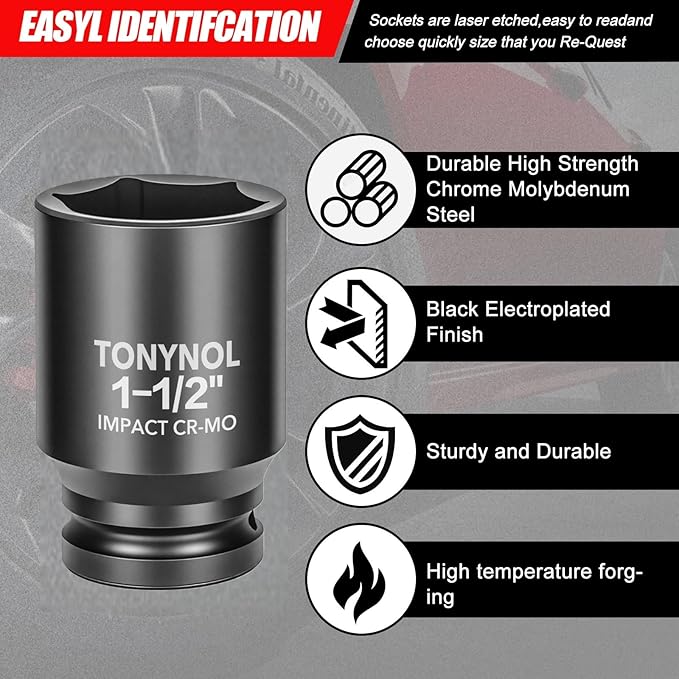 3/4" Inch Drive Deep Impact Socket,6-Point,SAE 1-1/2",80mmL,CR-MO,Heavy-Duty Automotive & Industrial Repair