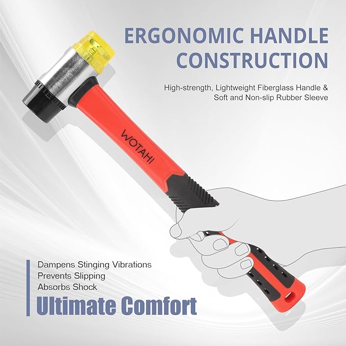 2-Piece Hammer Set - 16 oz Rubber Mallet Hammer and 35 mm Double-Faced Soft Hammer with Solid Head and Soft Grip Fiberglass Handle,2 Piece Rubber Mallet Set
