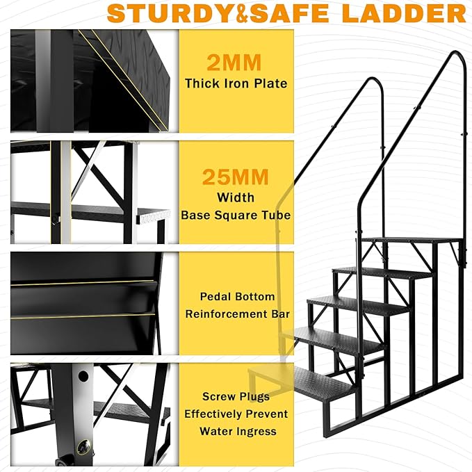 RV Steps with 2 Handrails, Hot Tub Steps Outdoor, 5 Step Ladder Stool, RV Stairs with Anti-Slip Panel, Camper Steps for Spa, Travel Trailers, Pool and Porch