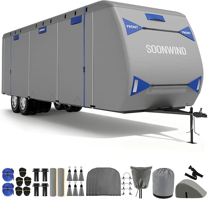 Heavy Duty 7 Layers RV Cover, Camper Cover & Travel Trailer Cover 18-20ft, Waterproof Windproof All-Weather Protection with Tongue Jack Cover, Gutter Covers & Reinforced Straps - Blue