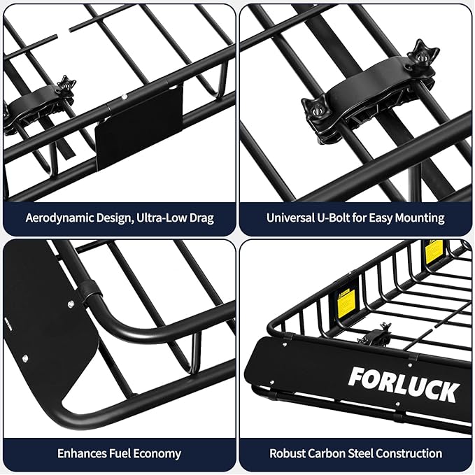 Forluck 64 x 39 x 6 Inch Universal 250 LBS Heavy Duty Roof Rack Cargo Carrier with Waterproof Bag, Net & Ratchet Straps, Extension Rooftop Cargo Carrier, Car Top Luggage Holder for SUV, Truck or RV