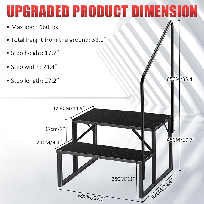 RV Steps with Handrail｜2 Step RV Stairs with Handrail｜Update 3.0 Outdoor RV Ladders with Anti-Slip Pedals｜Mobile Home Stairs for Travel Trailers｜Heavy Duty Camper Steps for Camper, Porch, Spa