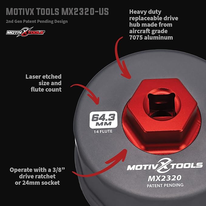 Motivx Tools Oil Filter Wrench for Toyota Camry, Tundra, Tacoma, 4Runner, RAV4 and More - 64mm 14 Flute Precision CNC Machined Aluminum Oil Filter Removal Tool