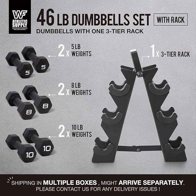 WF Athletic Supply Black Neoprene Dumbbell Set, Non-Slip & Hex Shape, Great for Muscle Toning, Strength Building & Weight Loss; Sizes, Dumbbells Only & w/Rack Options Available